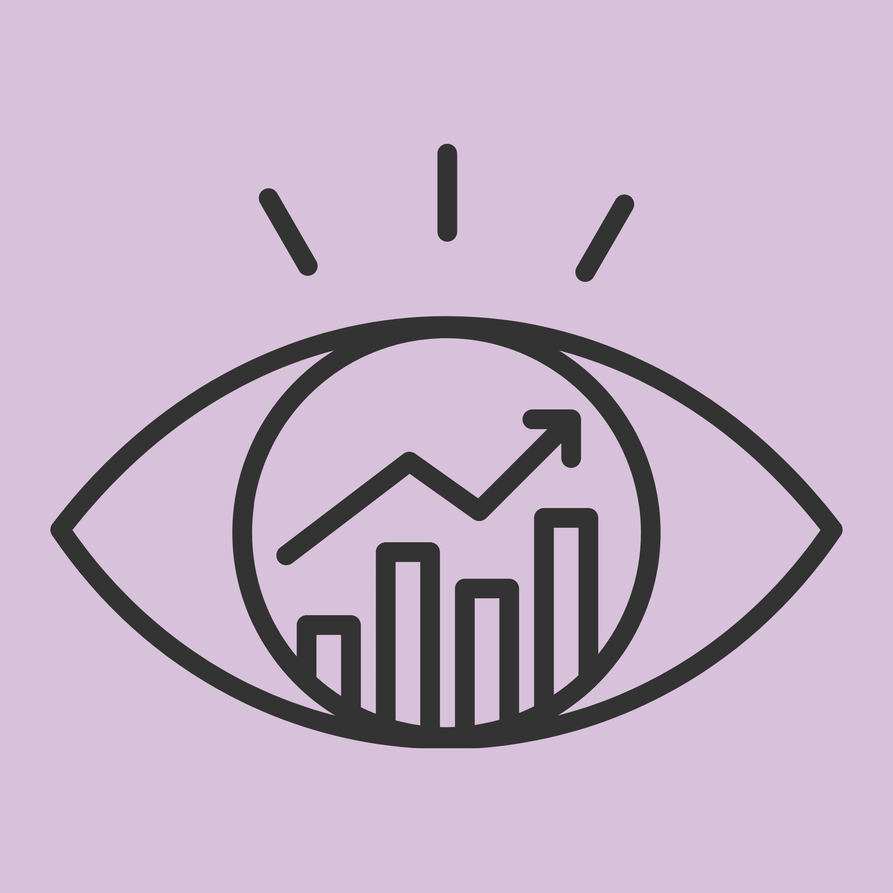 Zoomed-in line drawing of a globe with a stylized line graph showing upward trend inside the globe, with an eye shape surrounding the globe.