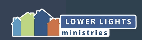 A graphic with five stylized houses in blue, green, navy, and orange, and the text 'Lower Lights Ministries' in a speech bubble.
