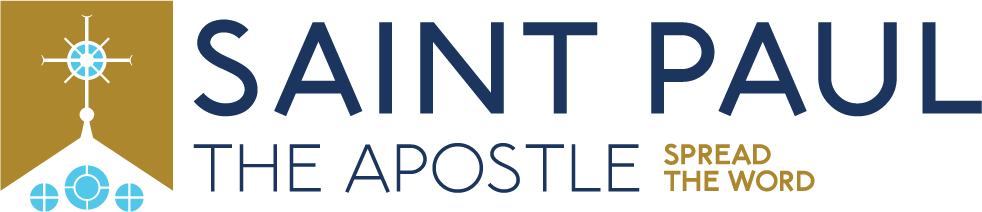 Logo for Saint Paul the Apostle church with a church steeple and a blue globe, and the motto 'Spread the Word'.