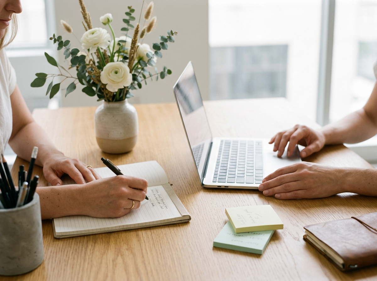 Two people working at a wooden table with a laptop, notebooks, sticky notes, a flower vase, and a pen holder.