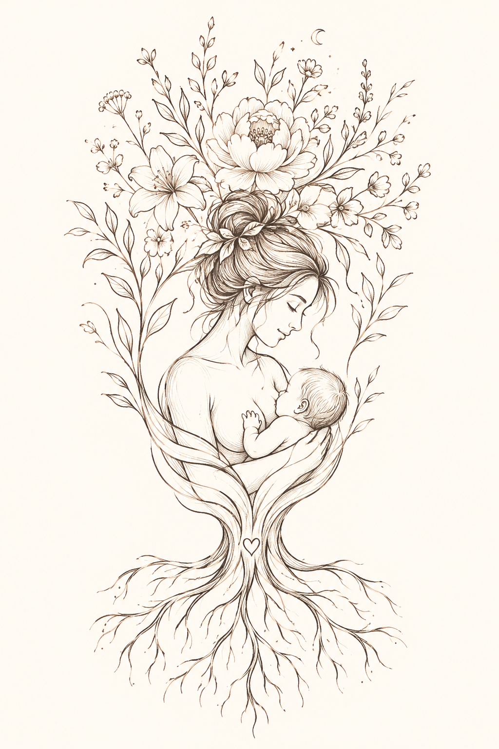 A line drawing of a woman holding a baby, with flowers and leaves blossoming from her hair and surrounding her, and roots extending below with a small heart at the center.