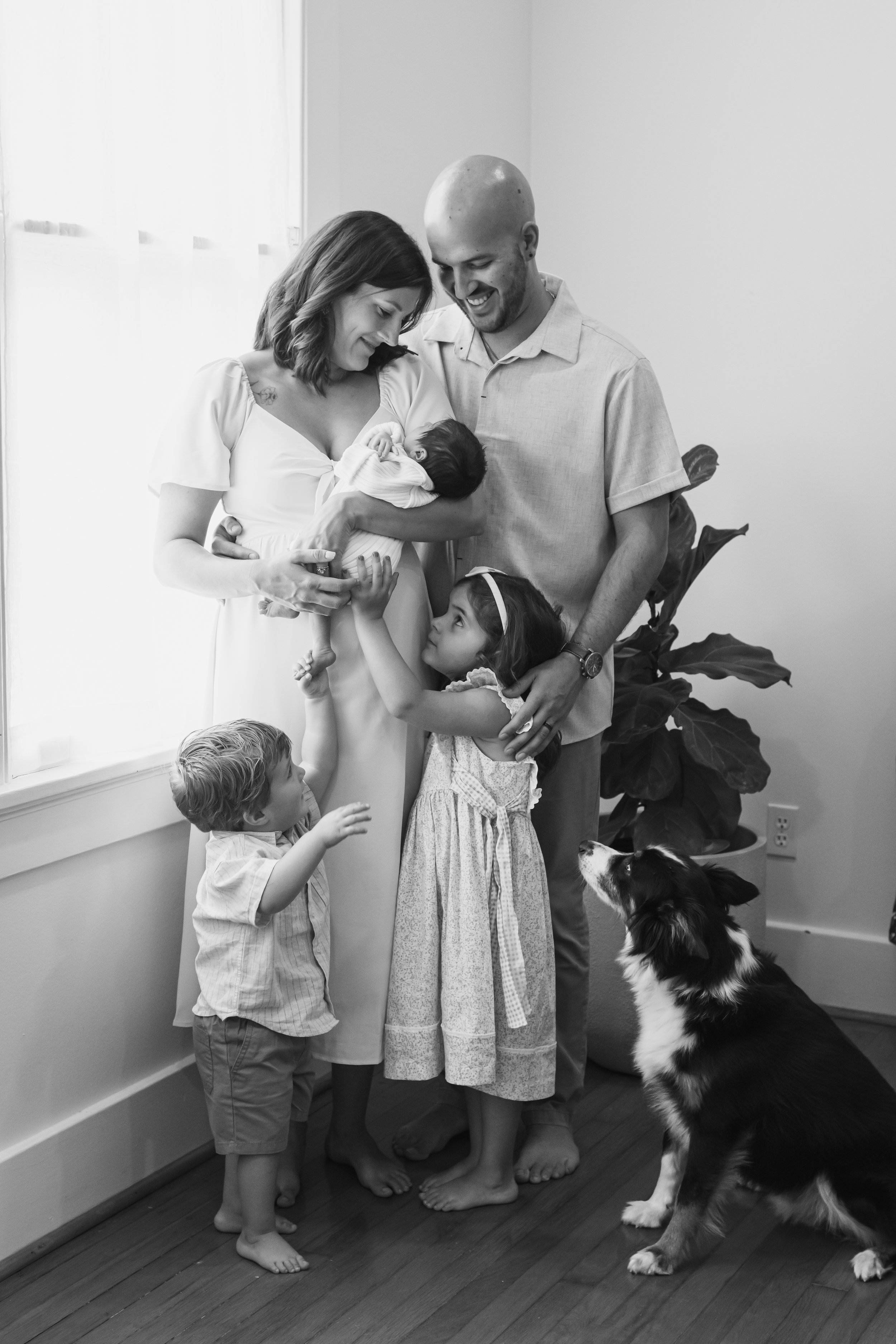 A family of five, including two young children, a woman, a man, and a newborn baby, with a dog in a room with natural light, celebrating a special moment with the baby.