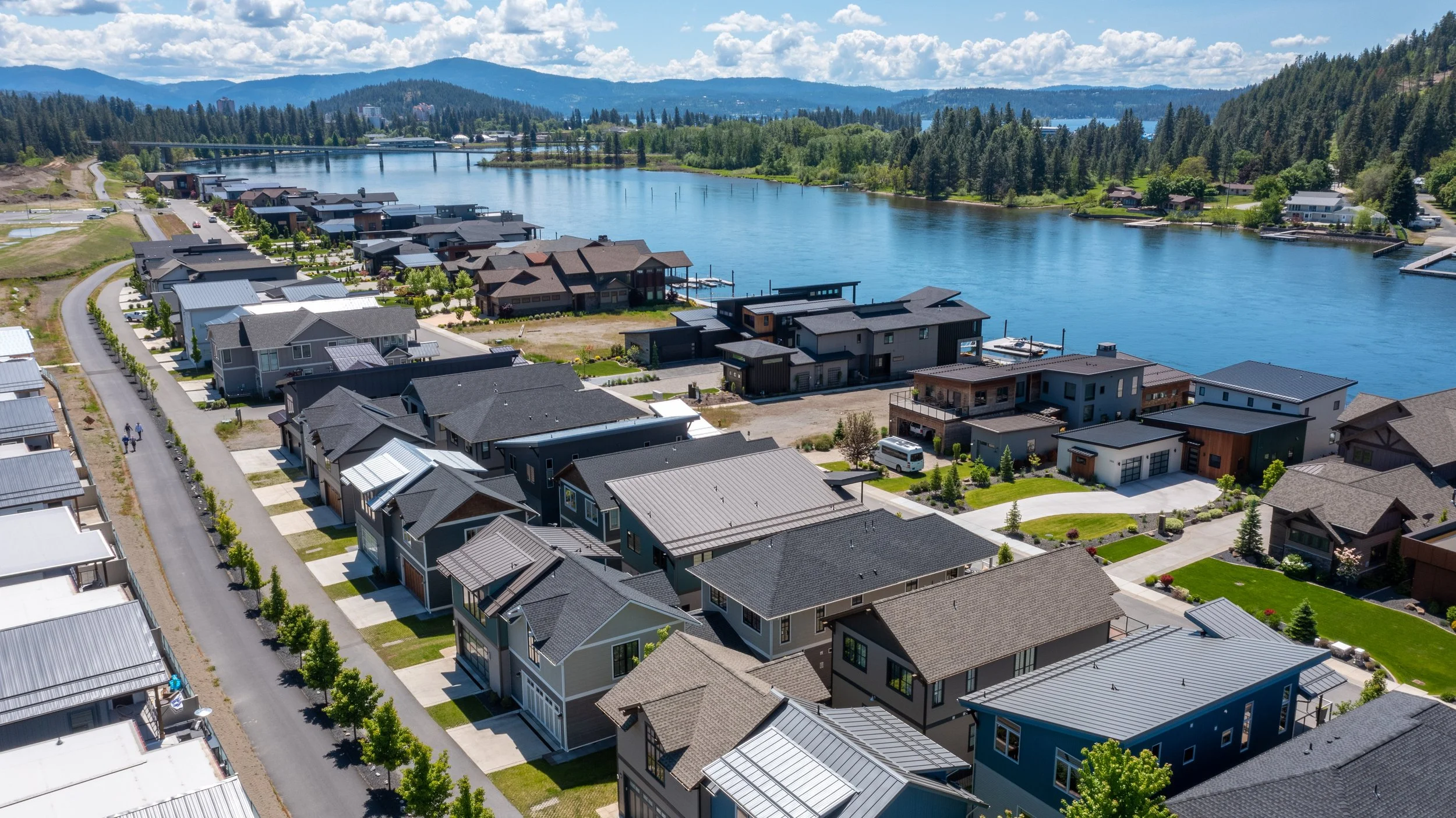 Drone photo of Spokane River and houses