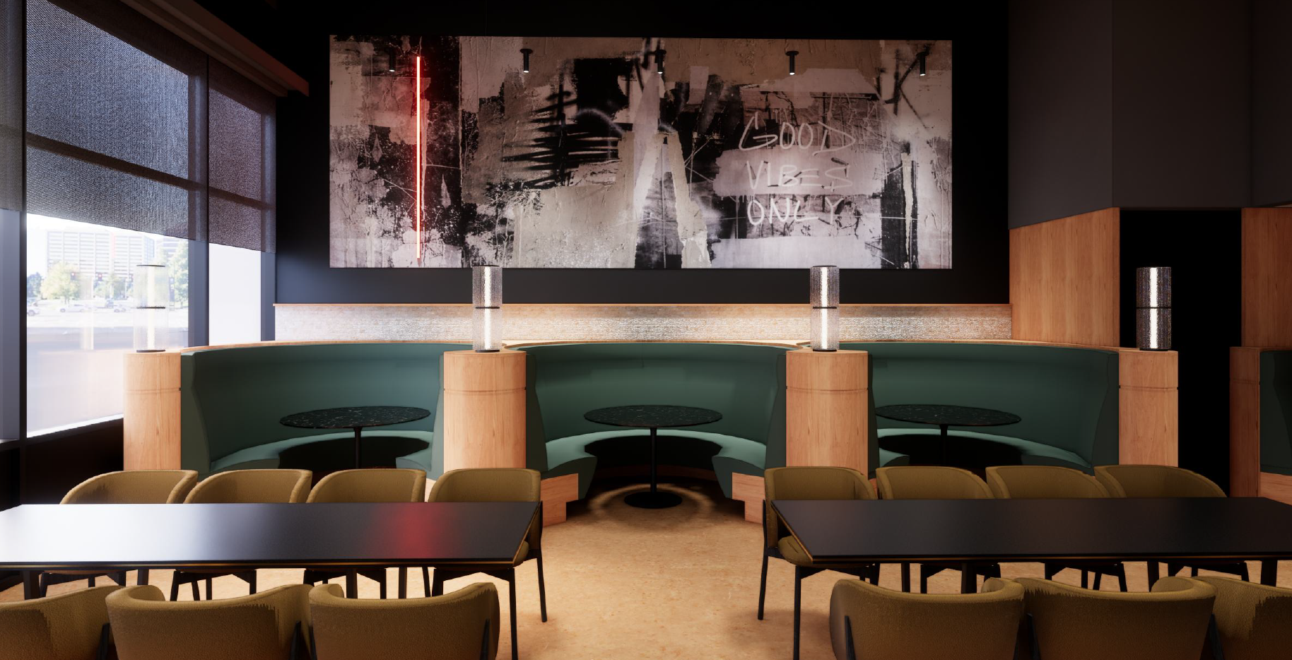 Interior of G&G Surf Club, Chef Troy Guard's new Denver Tech Center restaurant, featuring modern lounge seating, cocktails-focused social spaces, contemporary art, and an energetic hospitality-driven atmosphere.