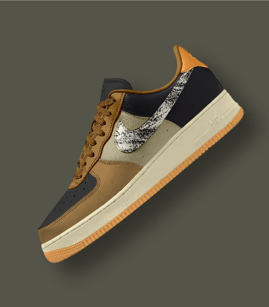 A custom G&G Surf Club sneaker with brown, black, beige, and white colors, featuring a distinctive Nike swoosh with a distressed, textured pattern, set against a plain gray background.