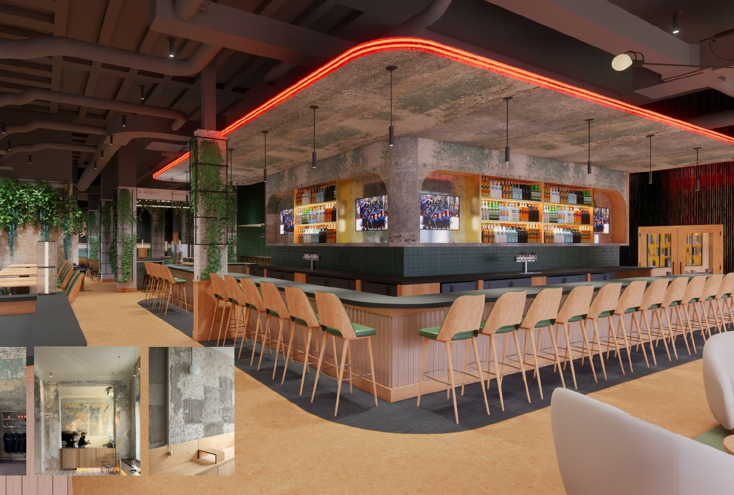 Modern bar with a centrally located wrap-around bar counter, surrounded by wooden barstools with green seats, decorated with shelves of bottles and multiple TV screens, featuring an industrial and natural design with concrete accents, greenery, and warm lighting.