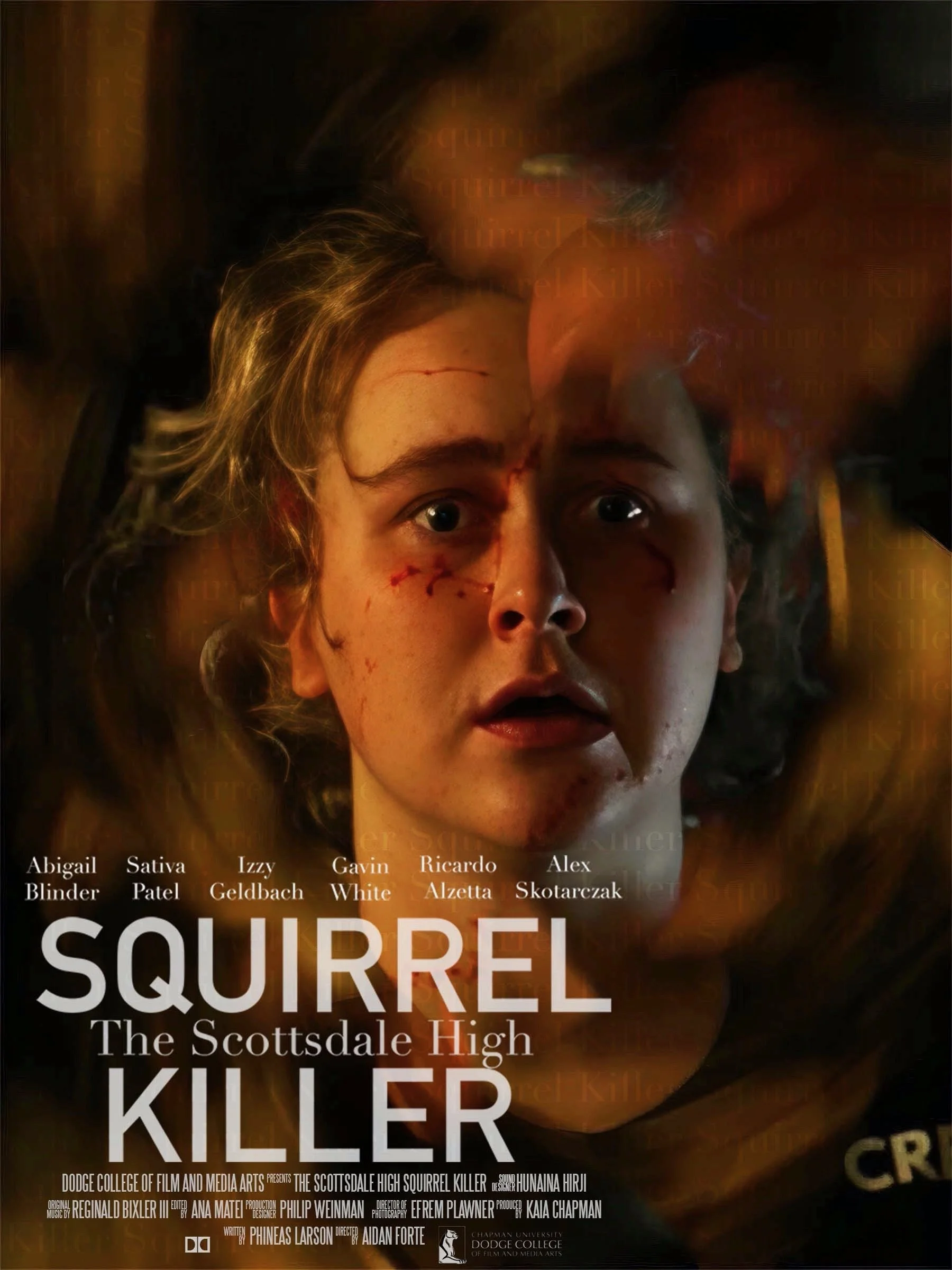 Close-up of a female student with face injuries, looking directly at the camera, with the title 'The Scottsdale High Squirrel Killer' and director credits at the bottom.