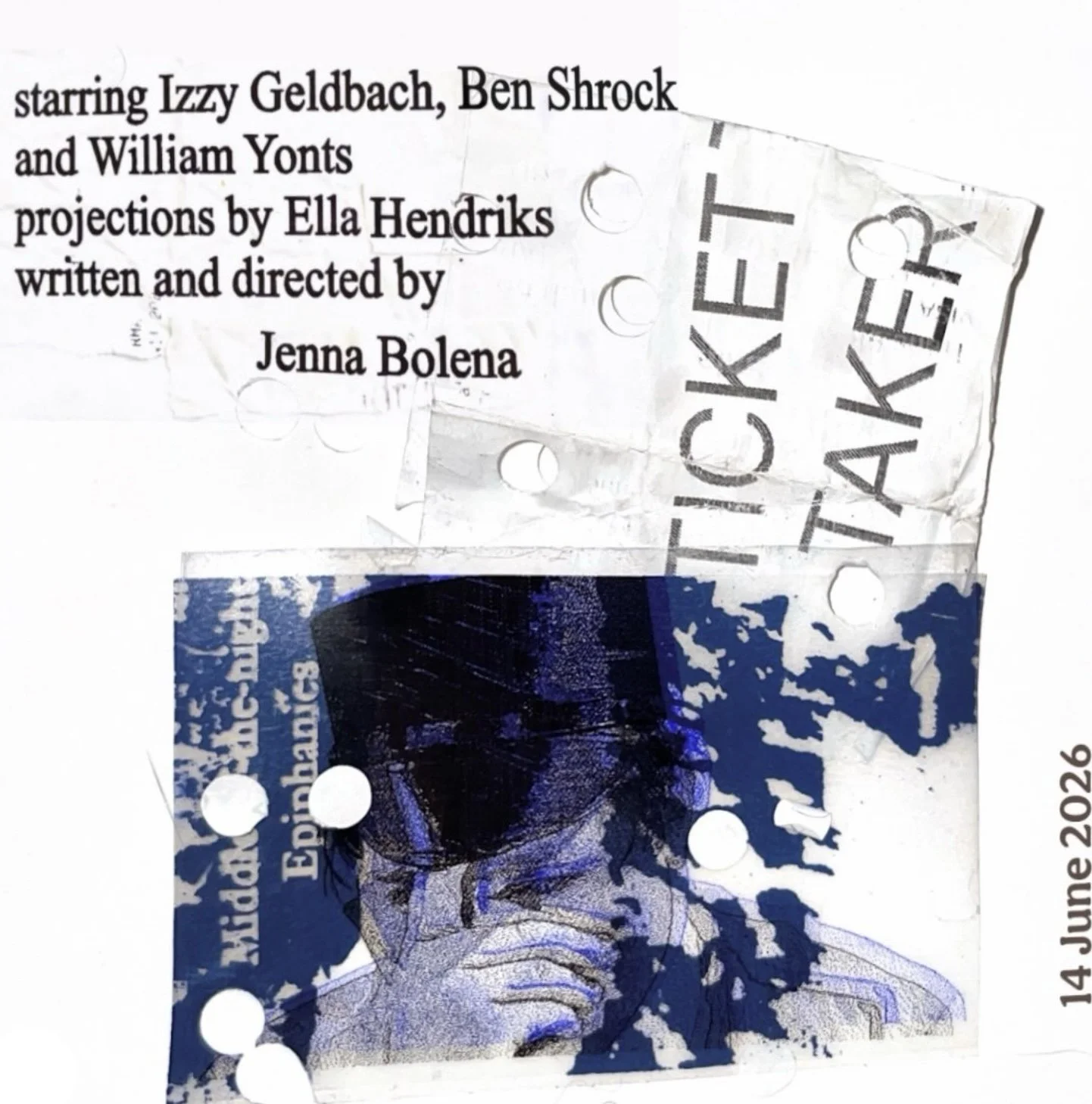 The image shows torn pieces of a paper bill or document with printed text. The visible part includes text mentioning individuals named Izzy Geldbach, Ben Shrock, William Yonts, and Ella Hendriks. There is also a piece of a stamp or label with the text 'TICKET' and 'TAKE'. The date June 14, 2026, appears on the paper.