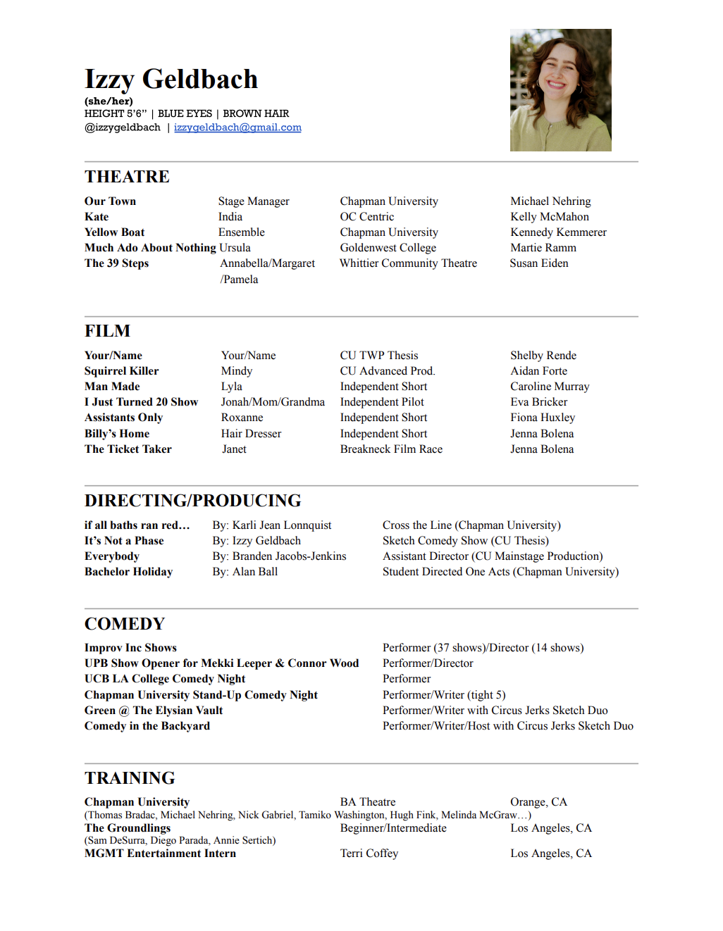 A resume for Izzy Geldbach, featuring a photograph of a young woman with brown hair and blue eyes, smiling outdoors. The resume lists her contact information, and sections detailing her theater, film, directing/producing, comedy, and training experience.