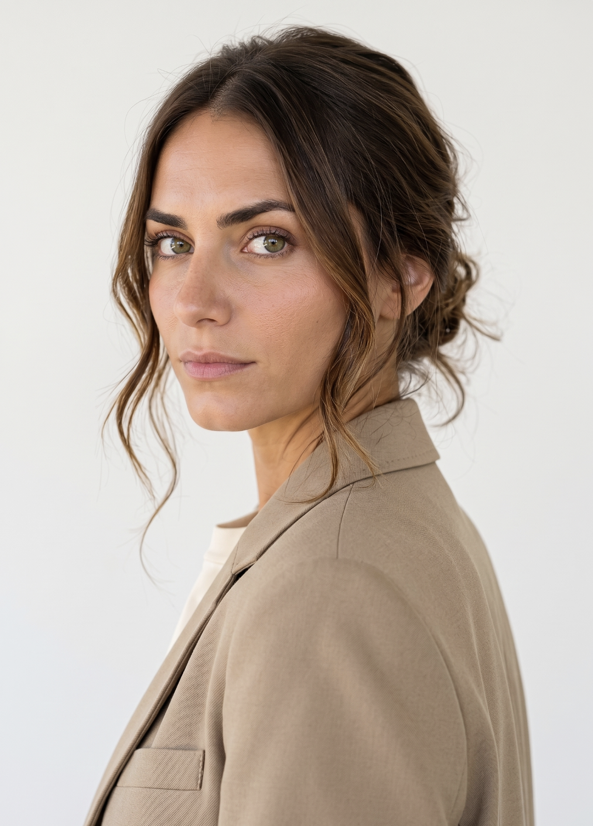 Close-up of a woman with light brown hair styled in soft waves, wearing a beige blazer, looking over her shoulder at the camera against a plain white background.