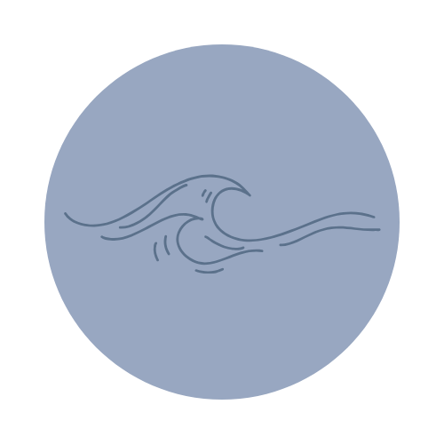 Simple line drawing of a wave inside a circular frame with a blue background.