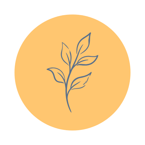 Simple line drawing of a plant with leaves inside a beige circle.