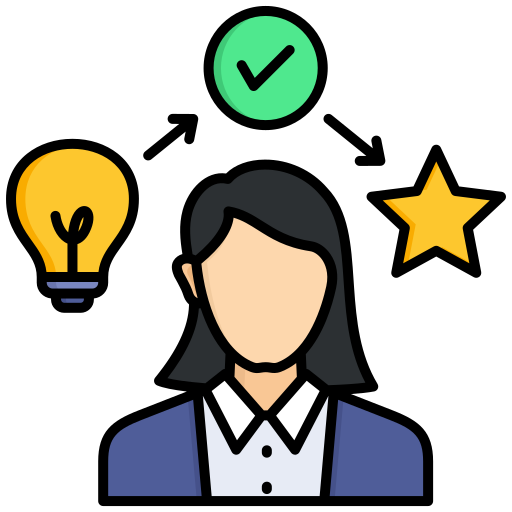 Illustration of a person with medium-length dark hair, wearing a blue blazer and white shirt, surrounded by icons of a green checkmark, a yellow light bulb, and a yellow star.