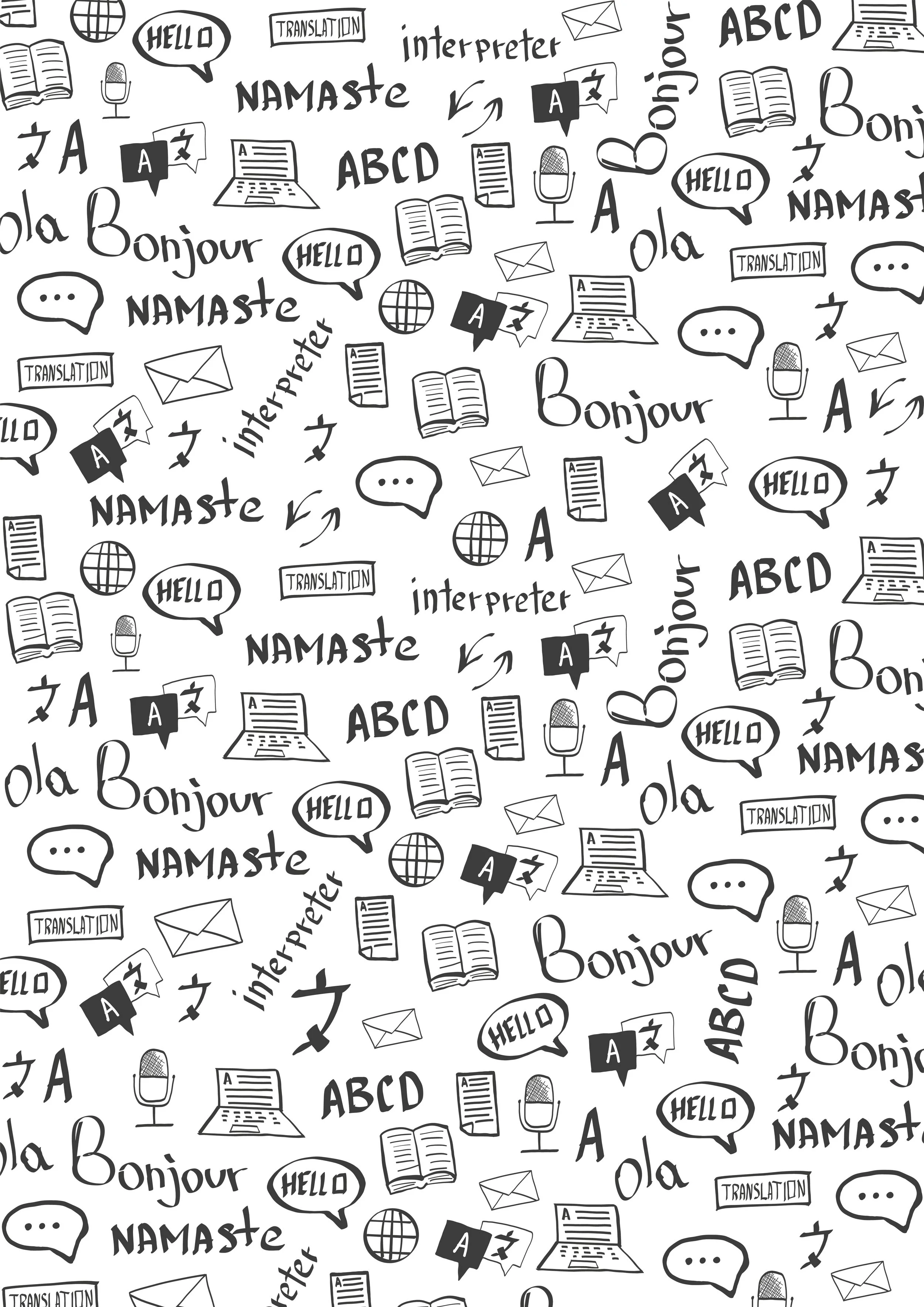 A black and white pattern of various language and communication icons and words, including speech bubbles with hello, namaste, and bonjour, open books, laptops, microphones, globes, envelopes, paper sheets, arrows, and translation labels.