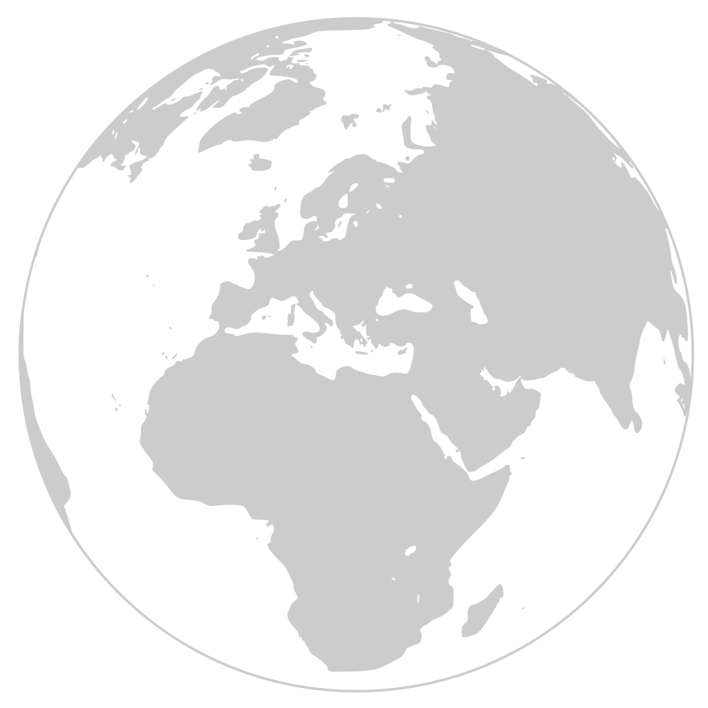 Grayscale map of the world focusing on Europe, Africa, and parts of Asia, with the continents outlined in light gray and the background in black.