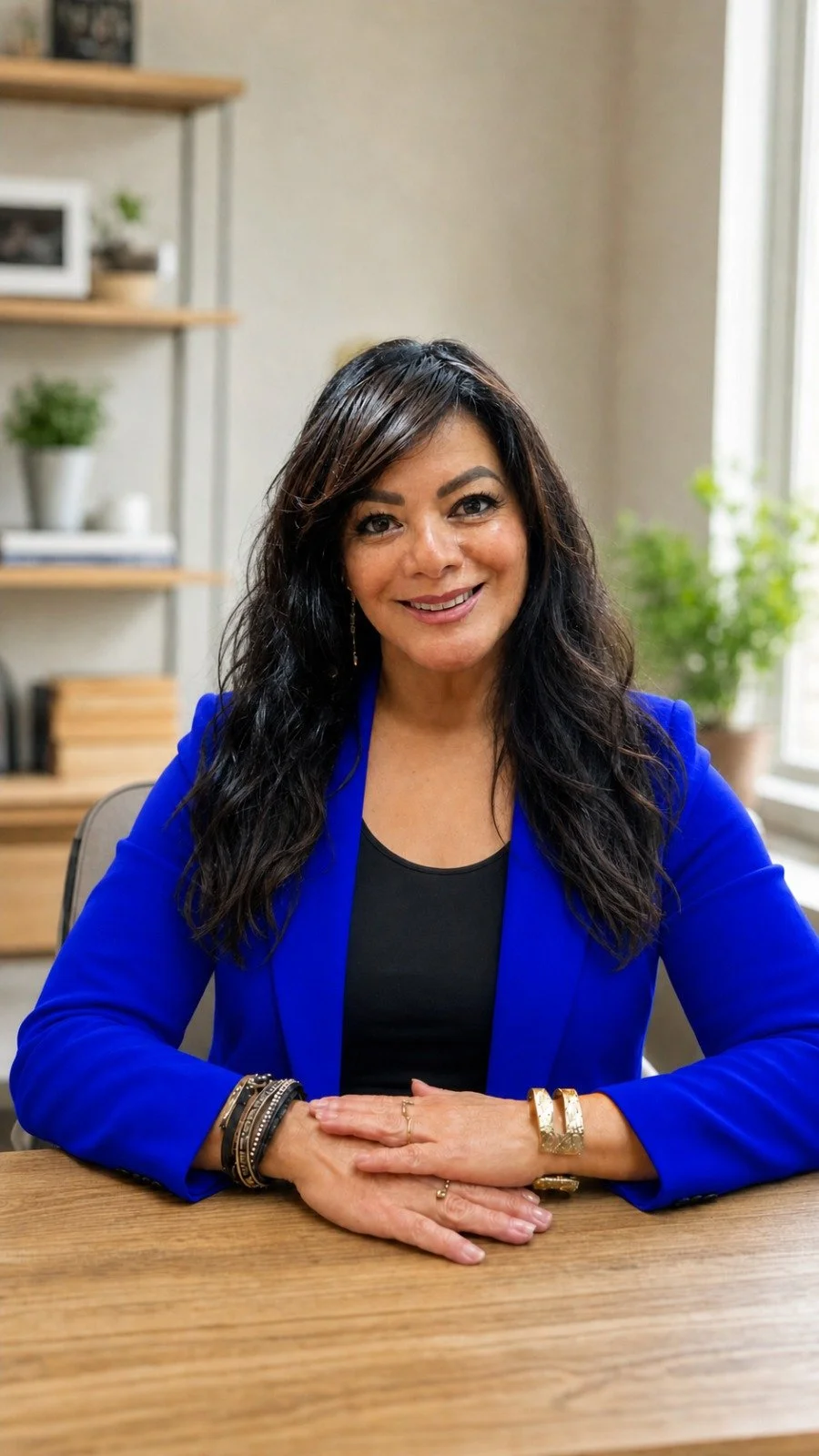 A professional woman with long dark hair smiling at a desk in an office environment with large windows.