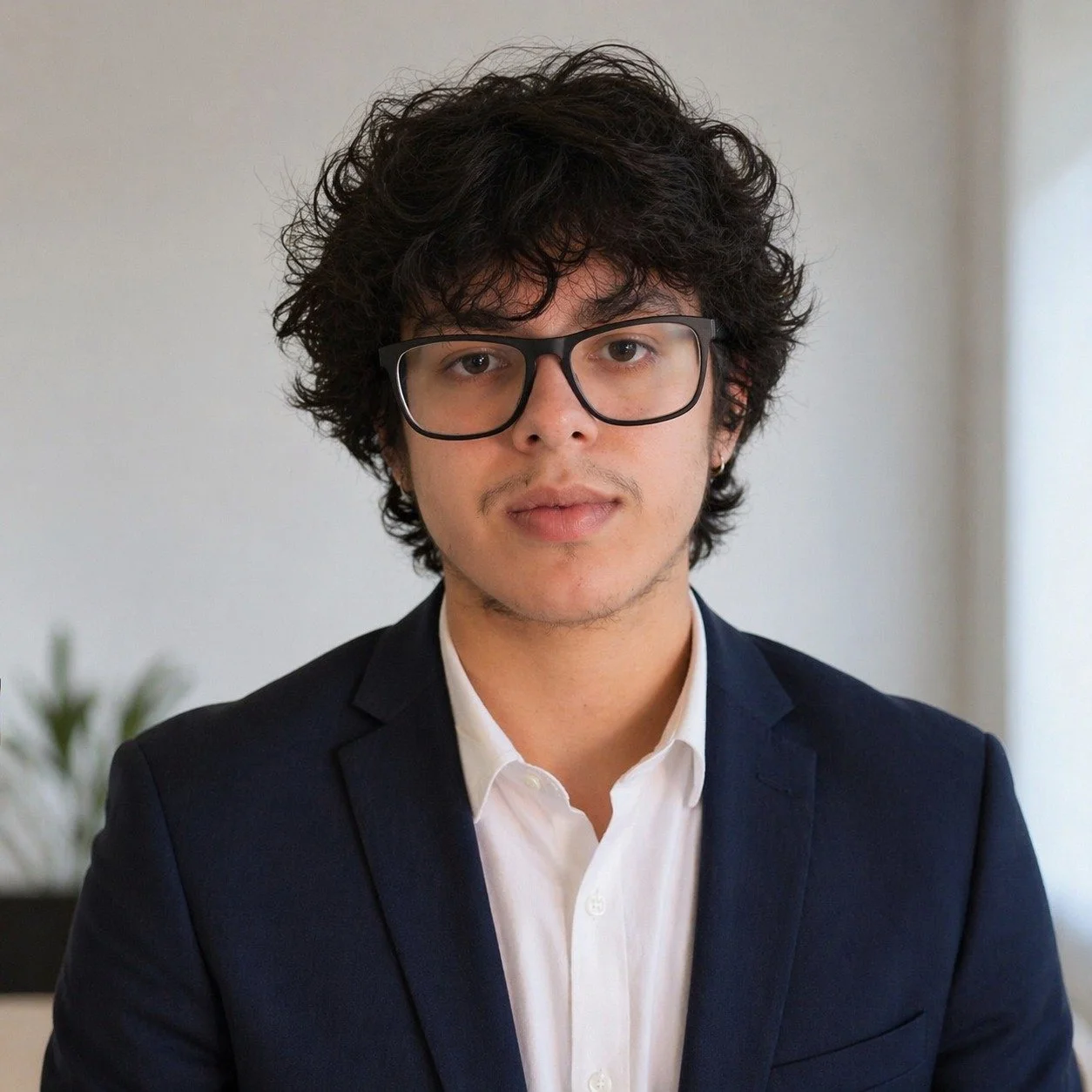 A young man with curly dark hair, glasses, and light skin wearing a navy blazer and white shirt indoors.