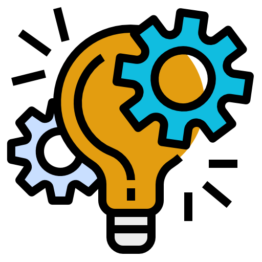 Light bulb with two gears, symbolizing ideas and innovation.