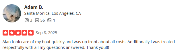 Customer review by Adam B. from Santa Monica, California, praising the boat service for quick care, upfront costs, respectful treatment, and helpful answers, dated September 8, 2025.