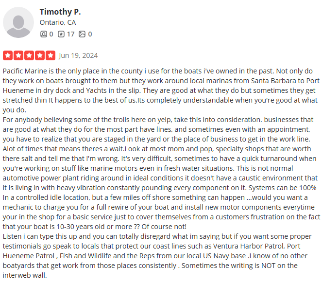 Screenshot of a Yelp review from Timothy P. in Ontario, CA, praising Pacific Marine for boat services, dated June 19, 2024.