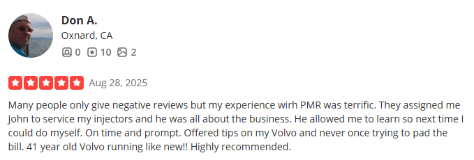 Customer review with five stars, posted on August 28, 2025, praising a service experience with a person named John and a 41-year-old Volvo, mentioning positive interaction and recommendations.