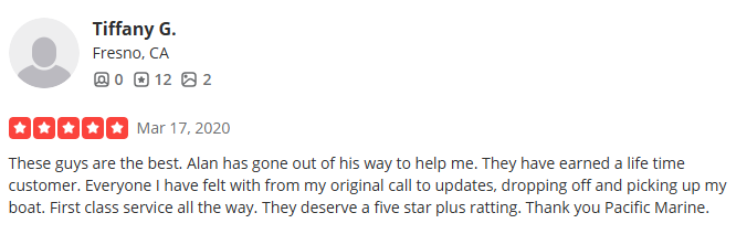 A Facebook review by Tiffany G. from Fresno, CA, dated March 17, 2020, praising Pacific Marine for exceptional service.