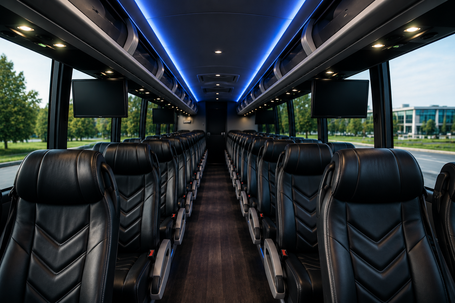 Interior of a modern bus with black leather seats, overhead storage, multiple displays, and large windows showing a parking lot and trees outside.