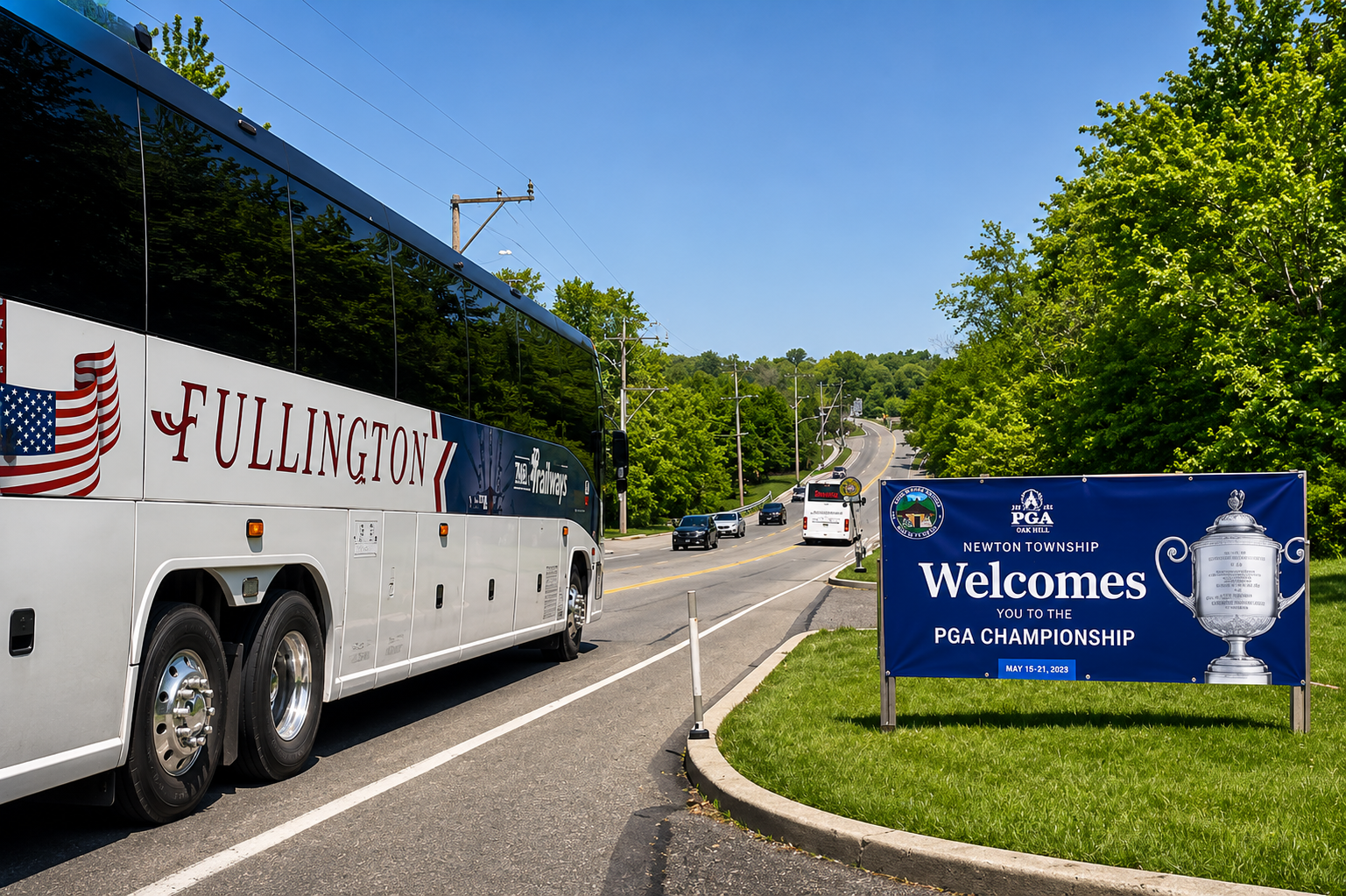 A bus with 'Fullington' written on the side driving on a road surrounded by green trees. A large blue sign welcomes people to the PGA Championship in Newton Township, with the event dates, May 15-21, 2023, and images of a trophy.