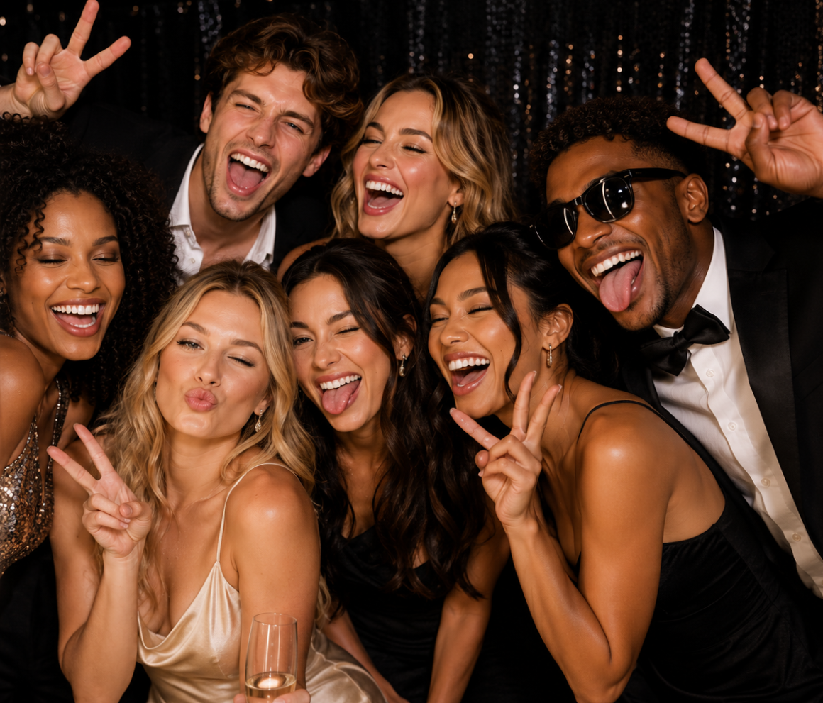 Group of friends in formal attire having fun at party, making peace and silly faces, posing against a glittery backdrop.