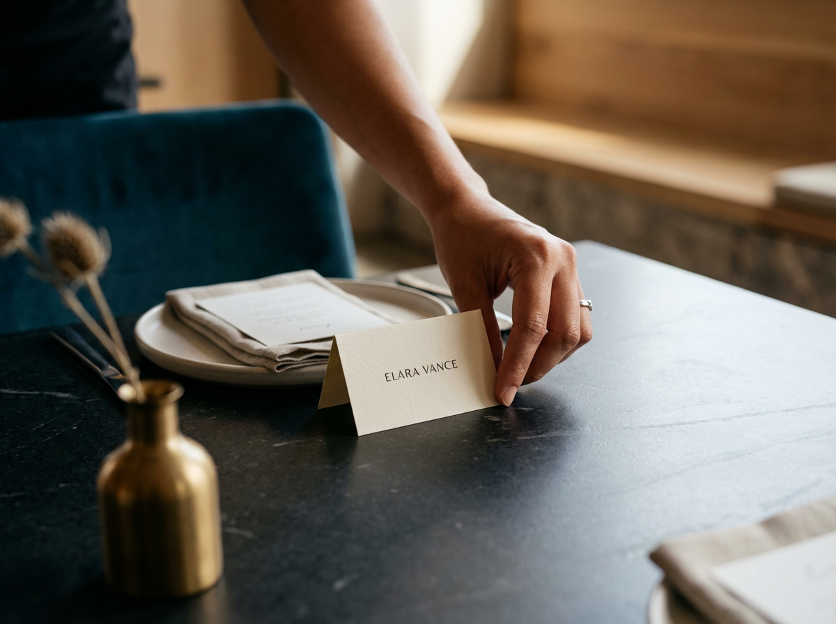 A person arranging place cards on a table with a focus on a card labeled 'ELARA VANCE' next to a plate and napkins.