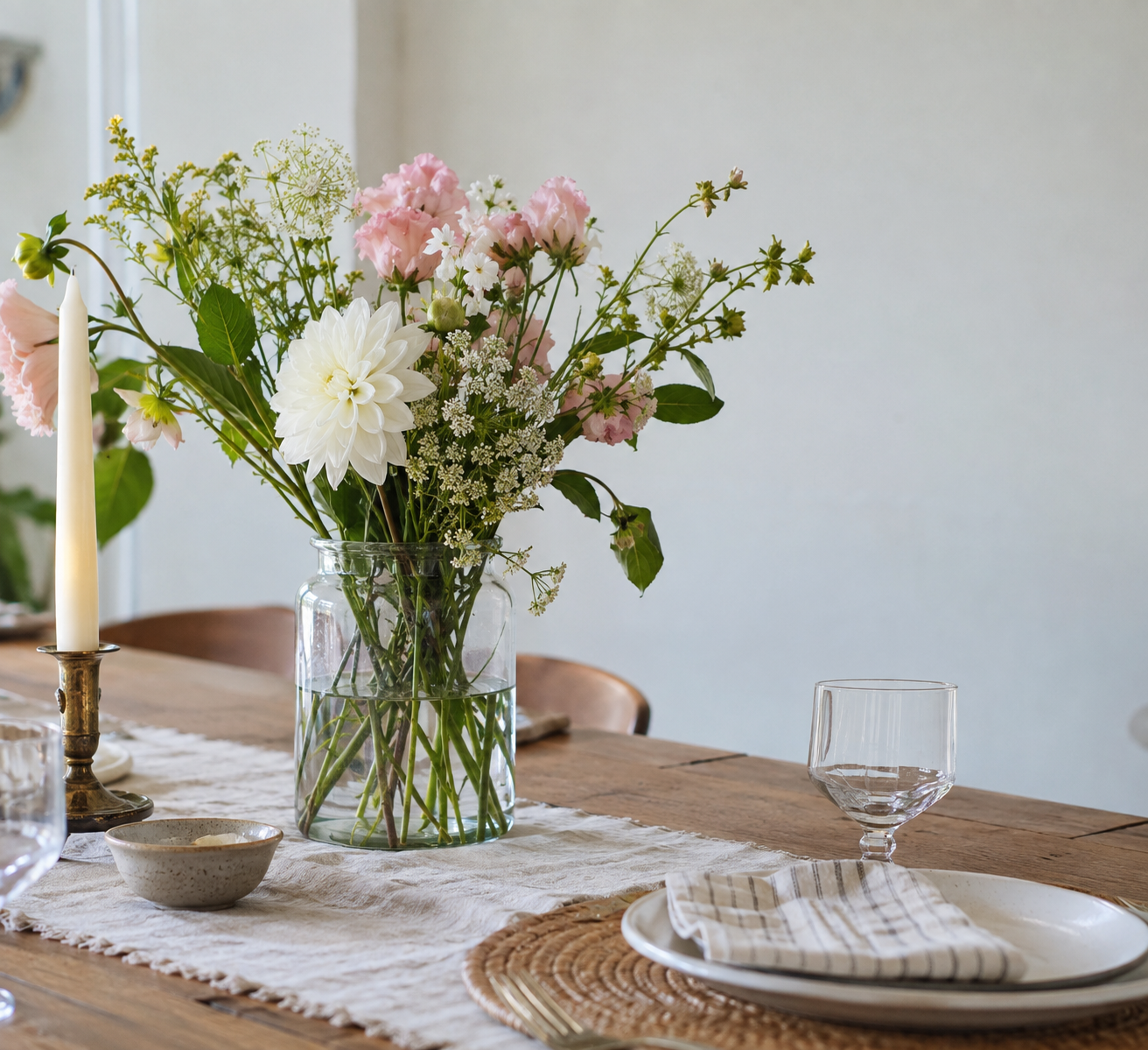 A wooden dining table with a white table runner, a glass vase with pink and white flowers, a candlestick with a tall white candle, a glass of water, a plate with a napkin, and a small bowl.