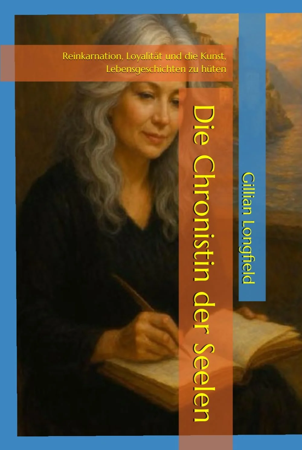 Buchcover mit einem Porträt einer Frau mit grauem Haar, die in ein Buch schreibt, der Titel lautet 'Die Chronistin der Seele' in großen gelben Buchstaben, die Autorin ist Gyllian Longfield, und der Hintergrund zeigt eine ruhige Szenerie mit Wasser und Bäumen.