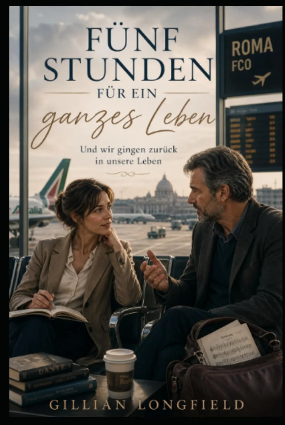 Zwei Menschen, eine Frau und ein Mann, sprechen im Flughafen, im Hintergrund ist der Flughafenrhine zu sehen. Es gibt einen Schalter mit Flugdetails und ein Plakat, das lautet 'Fünf Stunden für ein ganzes Leben'.