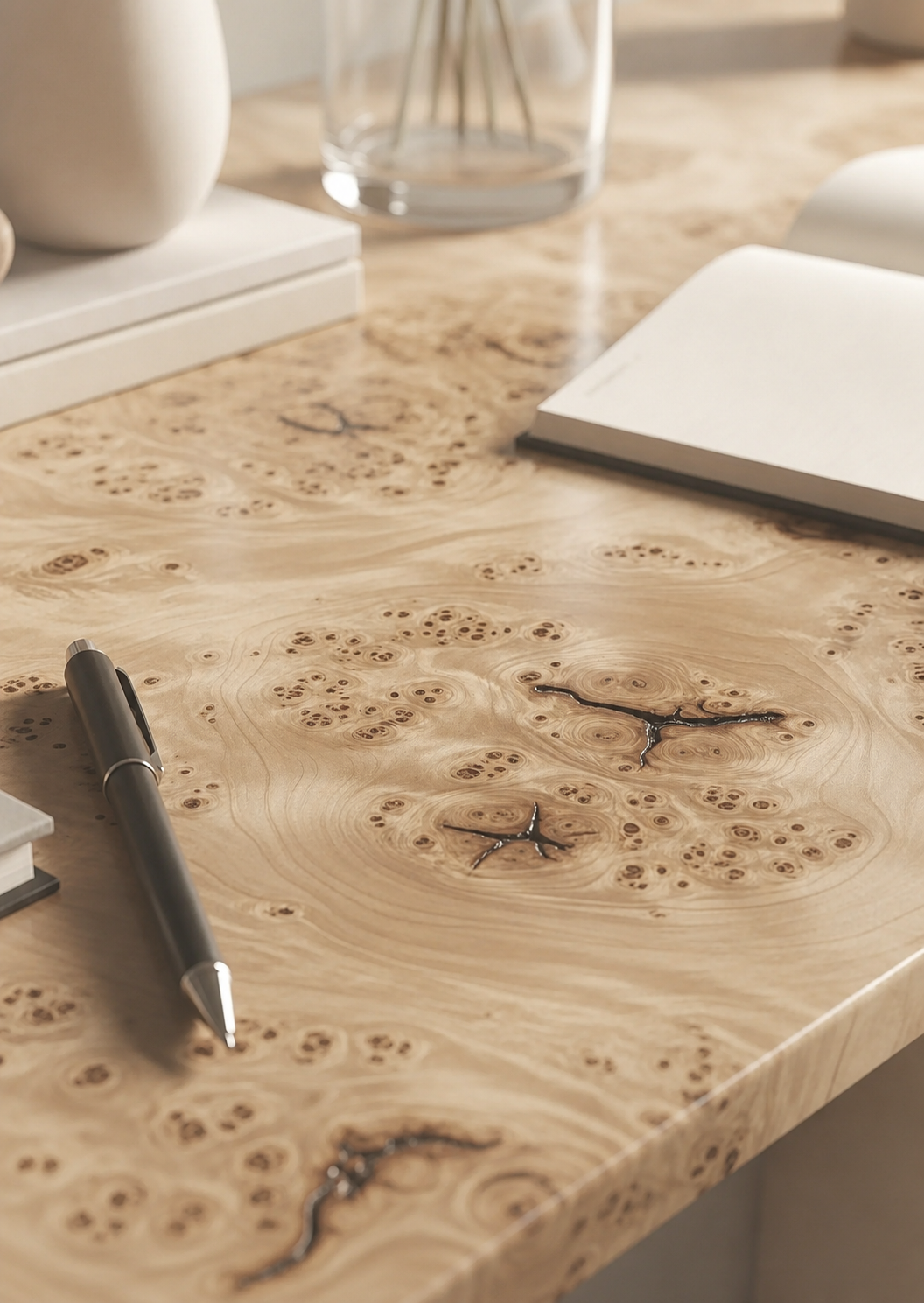 Close-up of a natural marble table surface, modern and contemporary, a pen, notebooks, and decorative objects in the background.