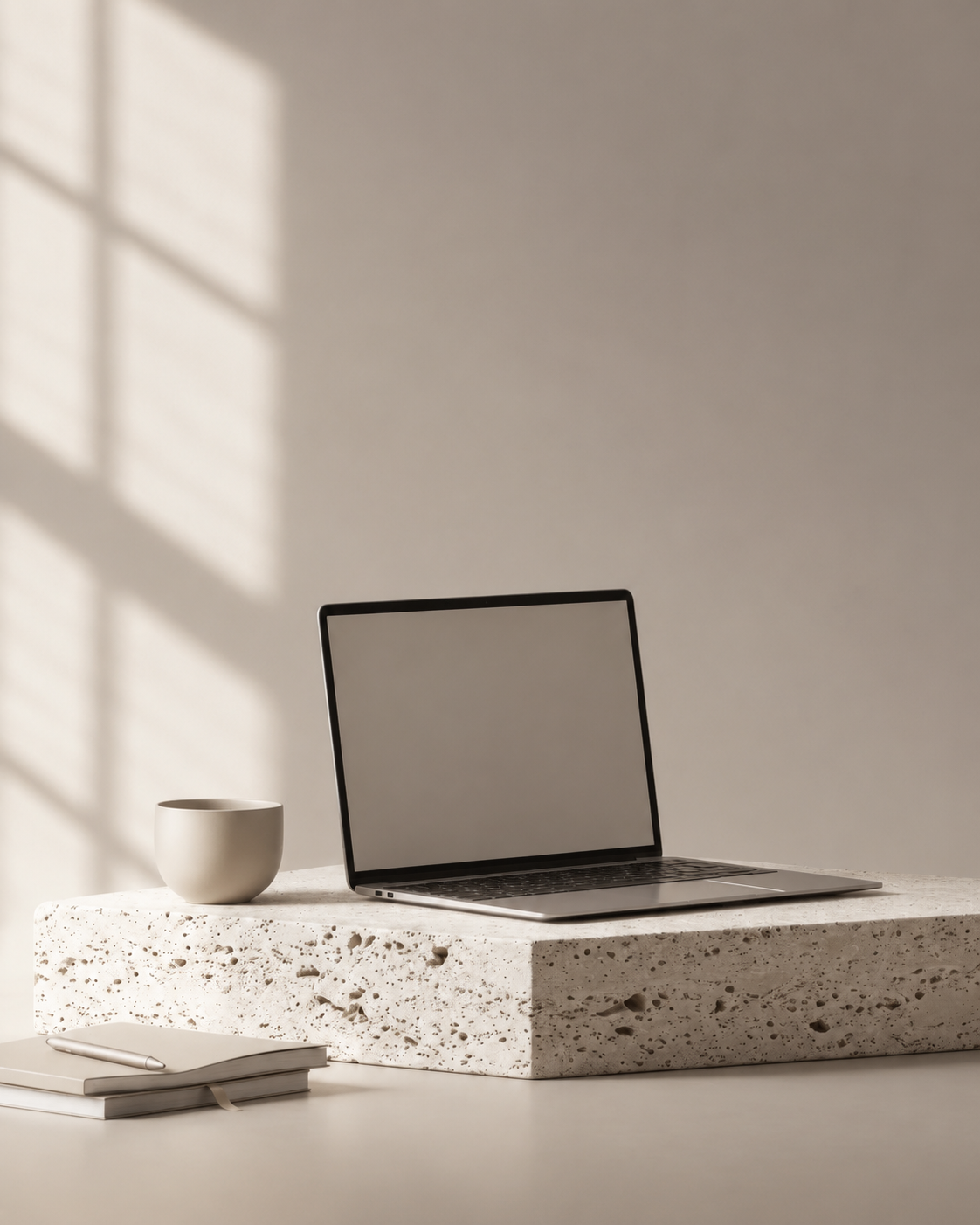 Laptop and blank notebook with pen on white table, terrazzo platform, cup, and shadow of window frame reflection on wall.