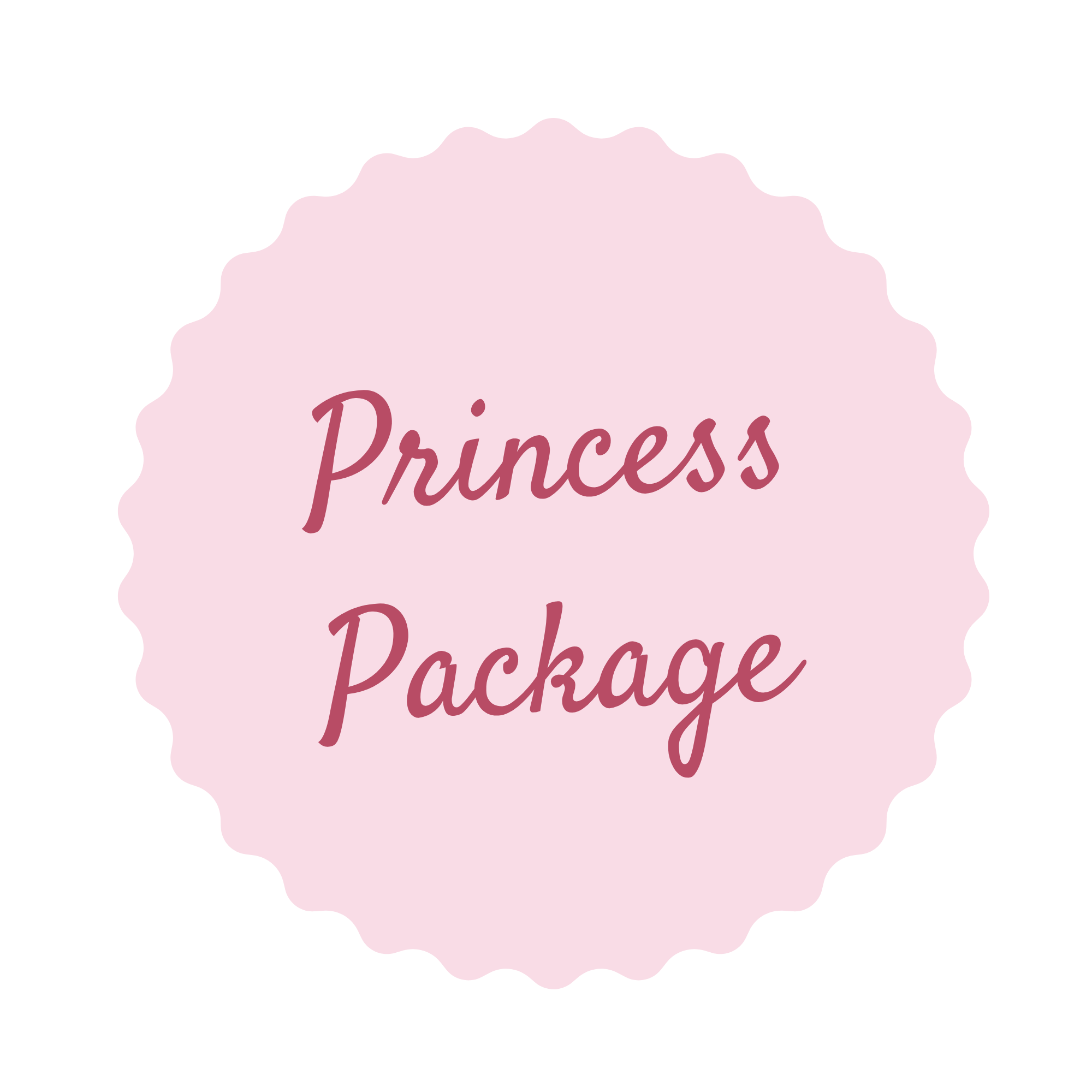 Pink badges with scalloped edges displaying the words 'Princess Package' in cursive font.