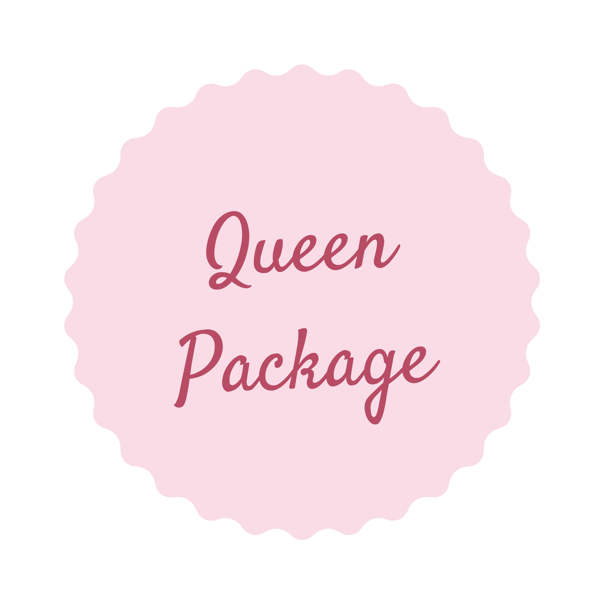 Pink badge with scalloped edges and the words "Queen of Relaxation" in cursive text.