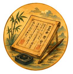 Traditional Asian painting of a scroll with calligraphy, a brush, inkstone, and landscape background with mountains and plants.