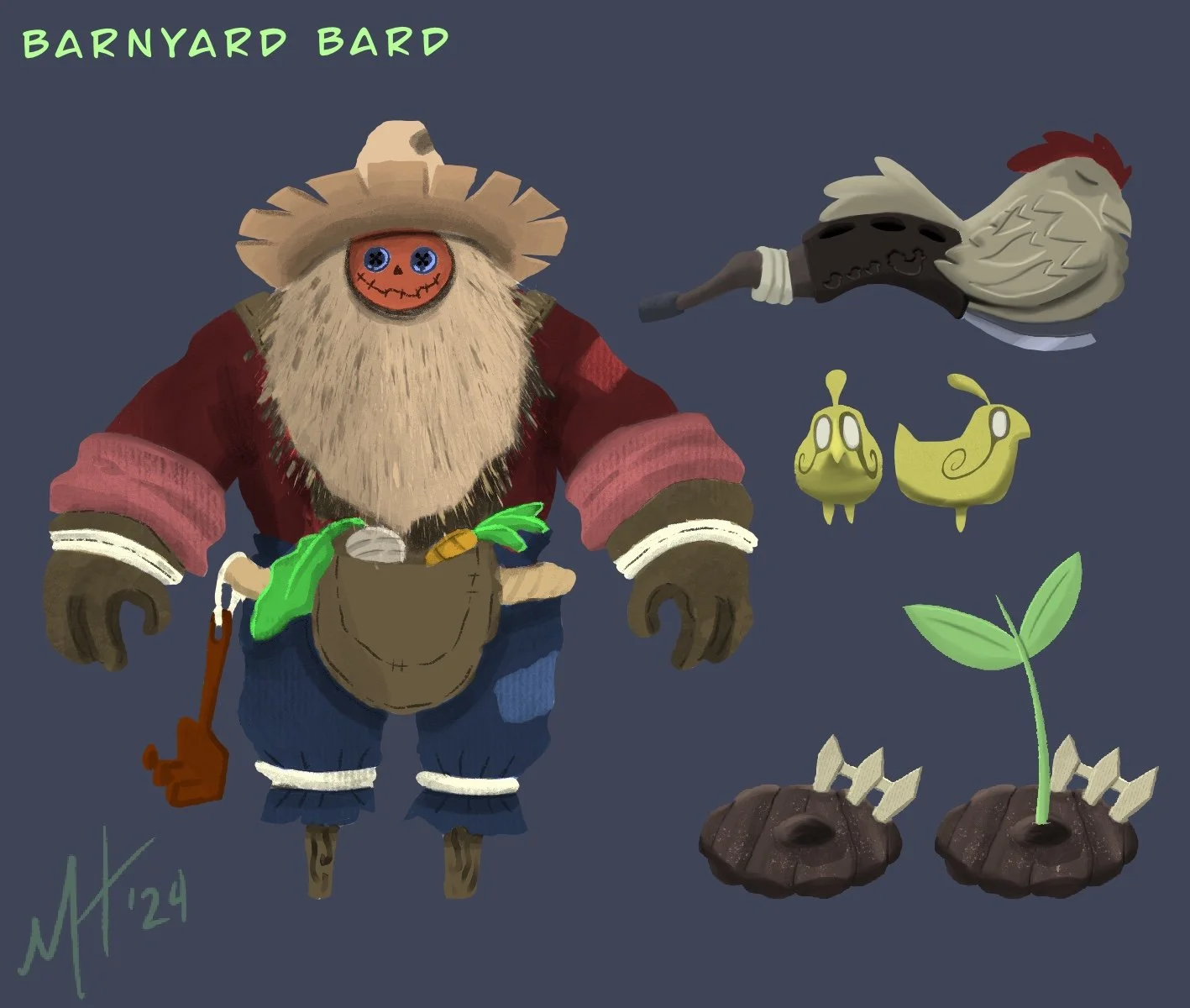 A whimsical illustration of a scarecrow-like character with a pumpkin face, wearing a large straw hat, red jacket, and blue pants, holding a garden hoe. Nearby are two yellow ducks, a small sprouting plant, a pair of rocks with arrows, a chicken holding a pipe, and the text 'BARNYARD BARD' at the top.