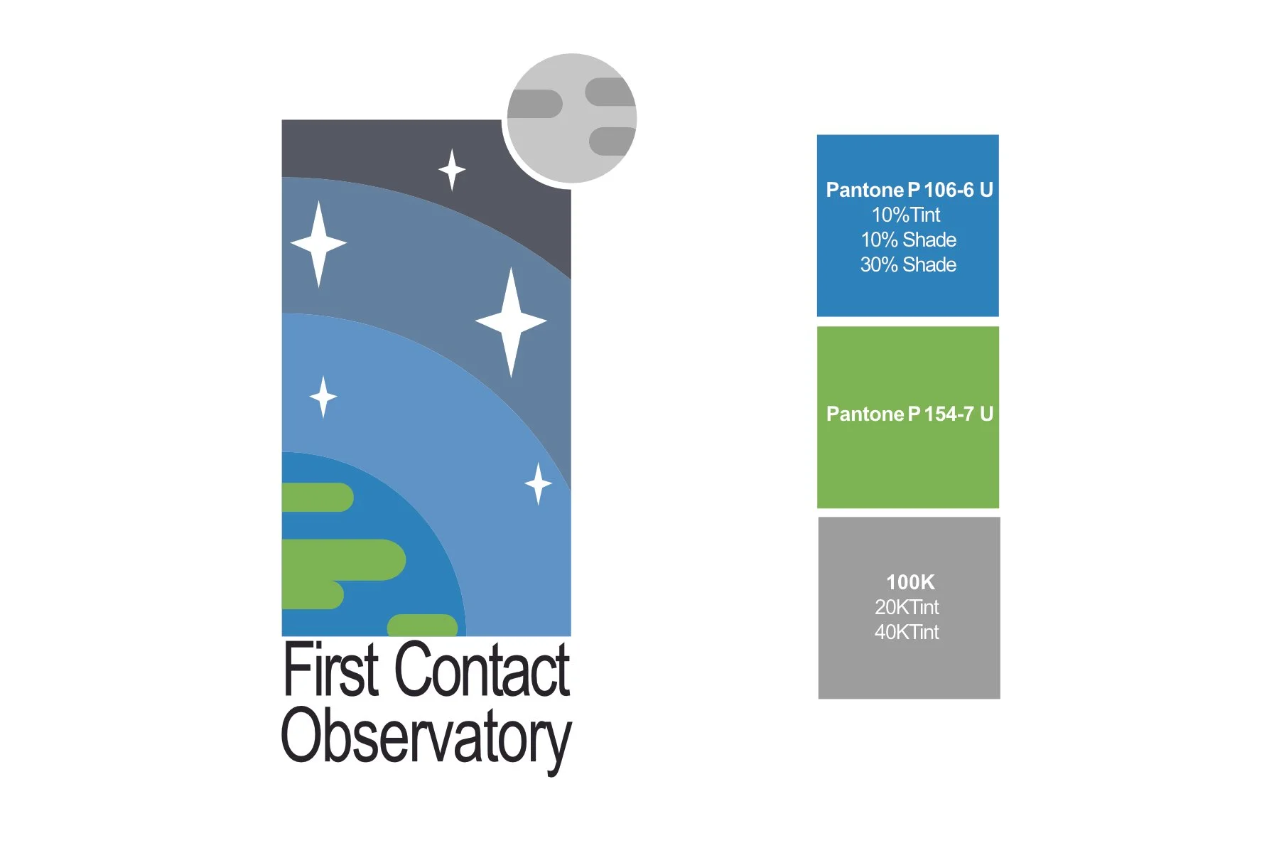 Color palette with shades of blue, green, and gray, labeled with Pantone codes, arranged vertically. The palette features a space-themed background with stars and a celestial body, with the text 'First Contact Observatory' partially visible at the bo