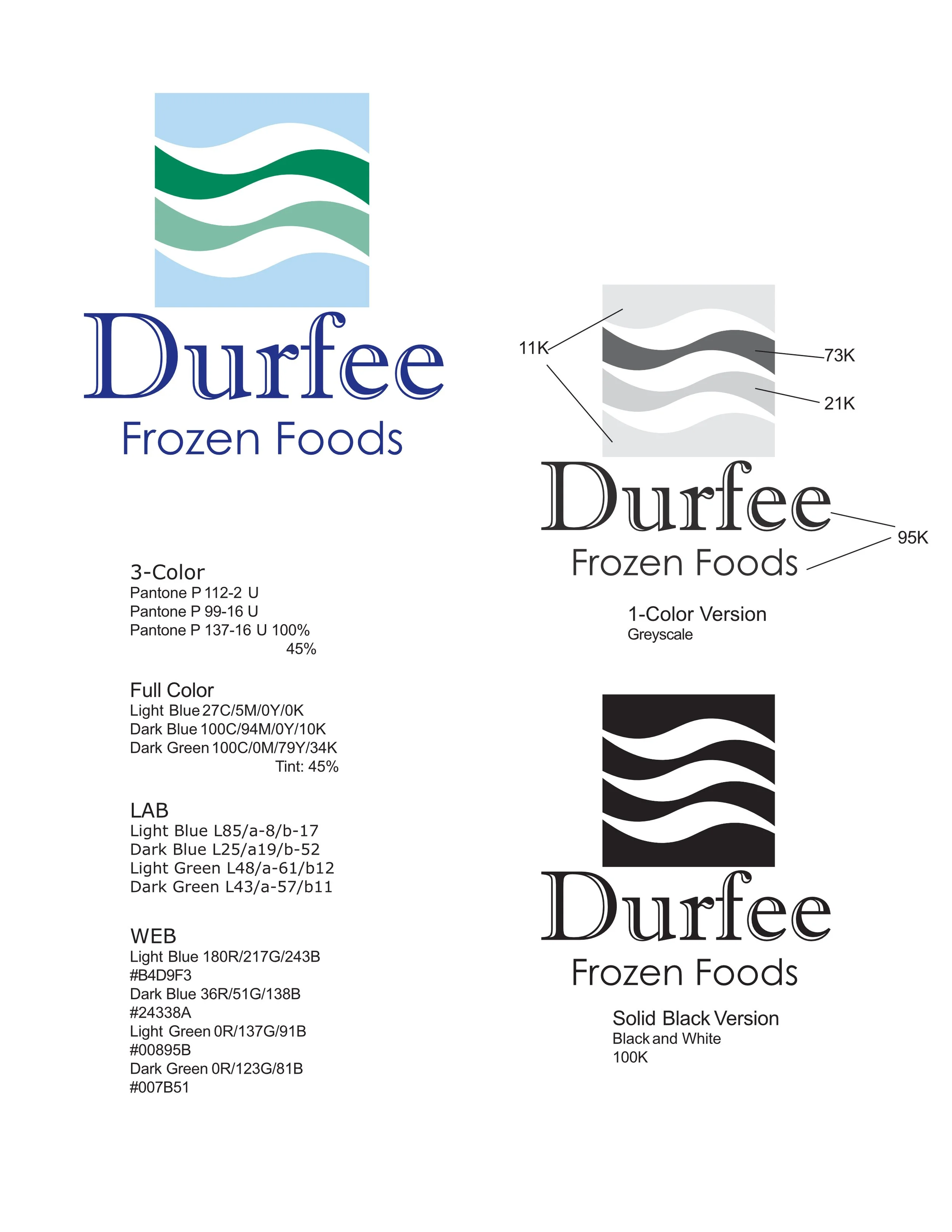 Comparison of logo and text colors for Durfee Frozen Foods, showing 3-color, 1-color, and solid black versions with respective color codes and percentages.
