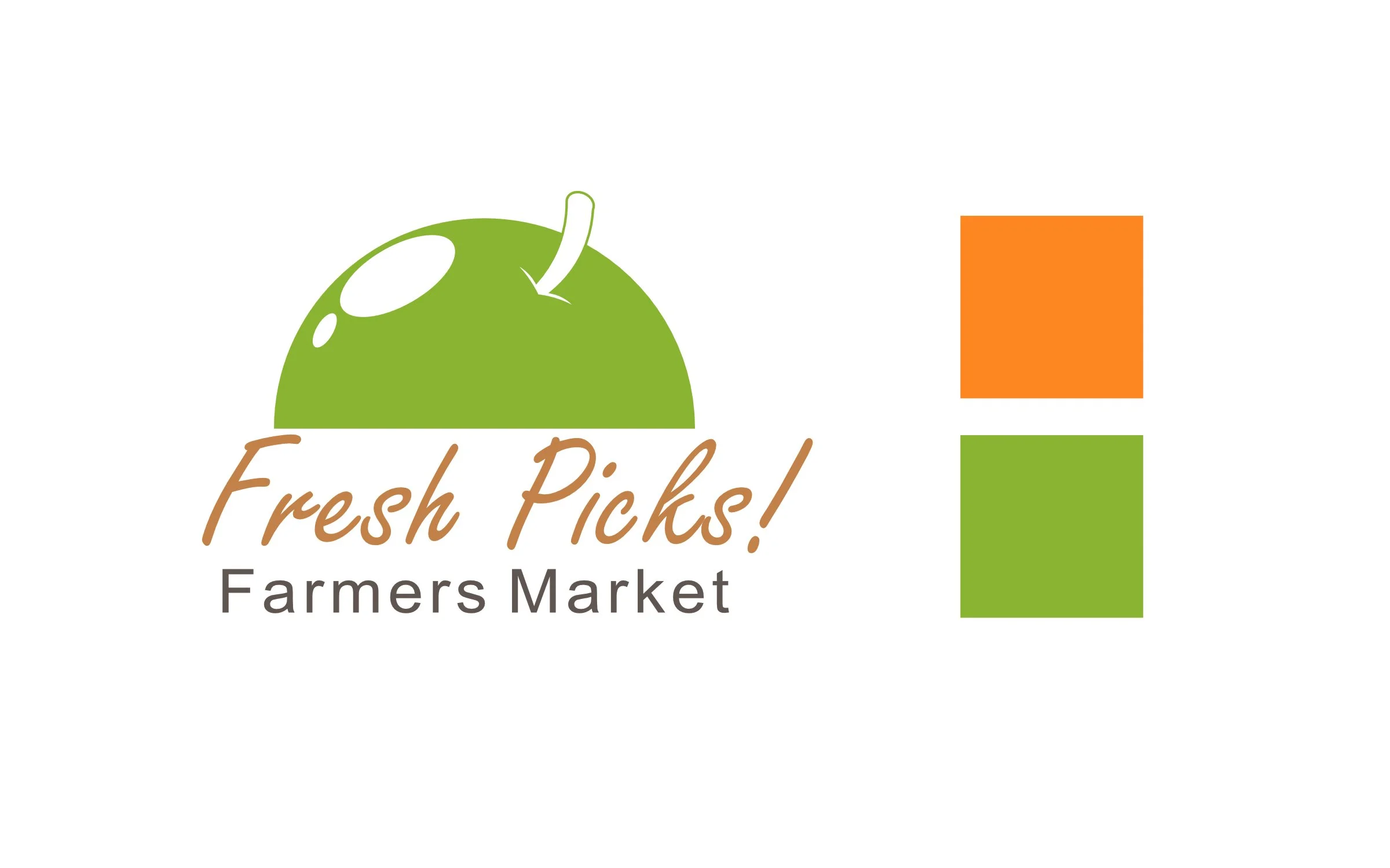 Logo for Fresh Picks Farmers Market featuring a green apple with a leaf, with the words "Fresh Picks!" and "Farmers Market" underneath, decorated with orange and green blocks.