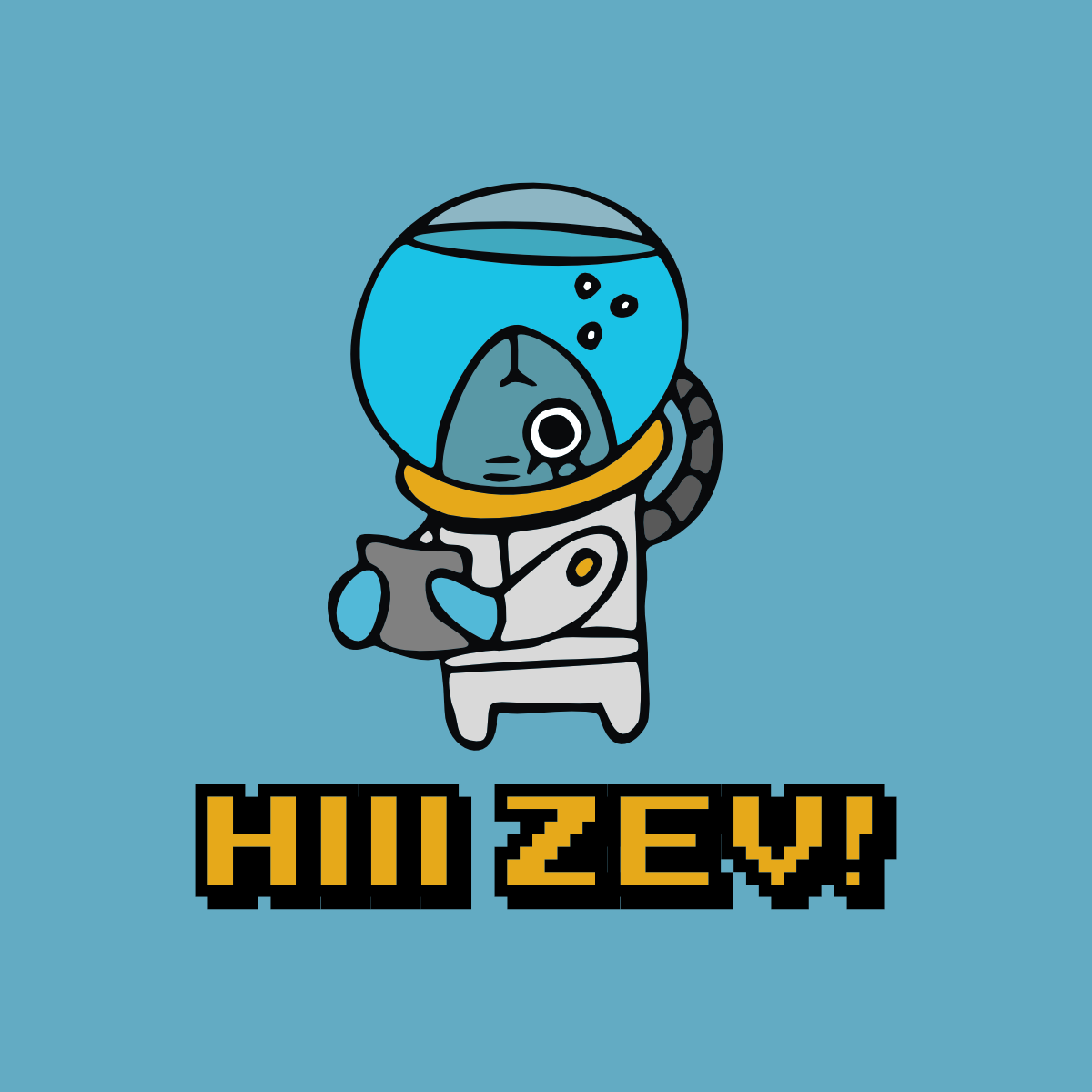 A cartoon astronaut fish with a fishbowl head holding a game controller, standing against a blue background with stylized text 'III ZEV' below.