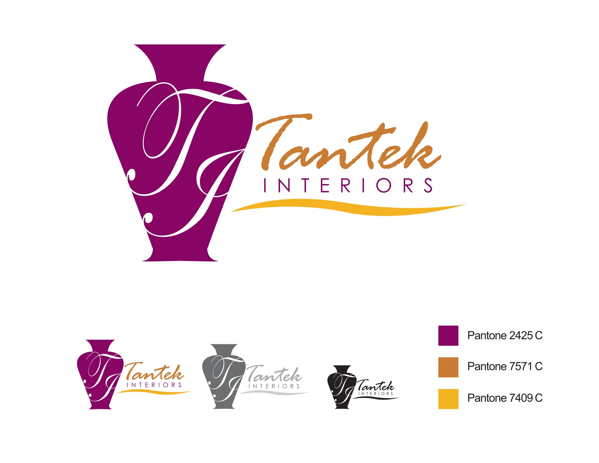 The image features a logo for TANTEK INTERIORS, with a stylized purple vase and elegant script. There are color palette swatches below, showing Pantone 2425 C in purple, Pantone 7571 C in orange, and Pantone 7409 C in yellow.