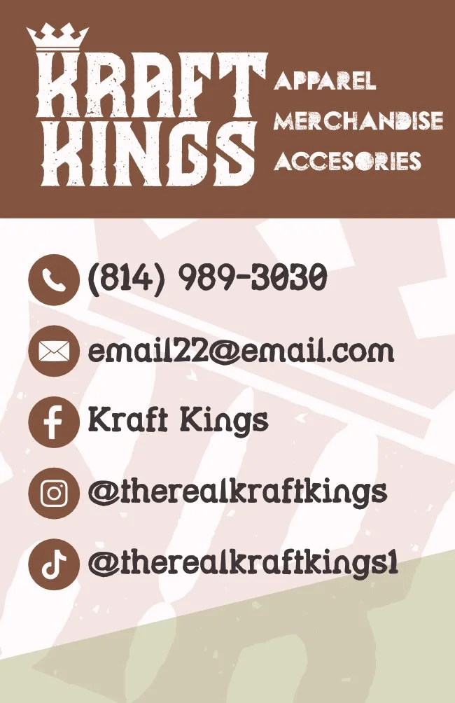 Business card for Kraft Kings, selling apparel, merchandise, and accessories, with contact phone number, email, Facebook, Instagram, and TikTok handles.