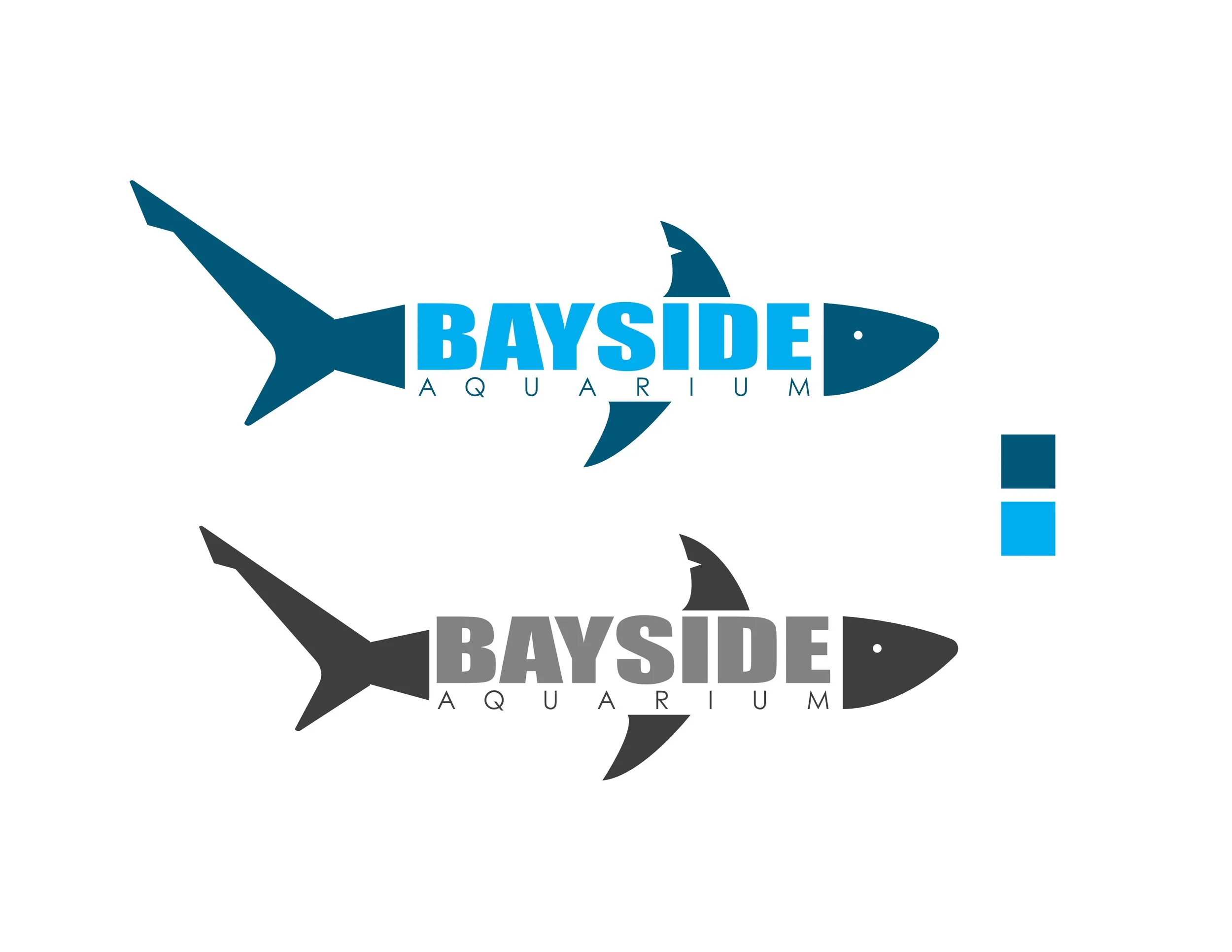 Logo of Bayside Aquarium featuring a stylized shark with the text 'BAYSIDE' in blue, 'AQUARIUM' below in smaller font, and a black shark silhouette beneath.