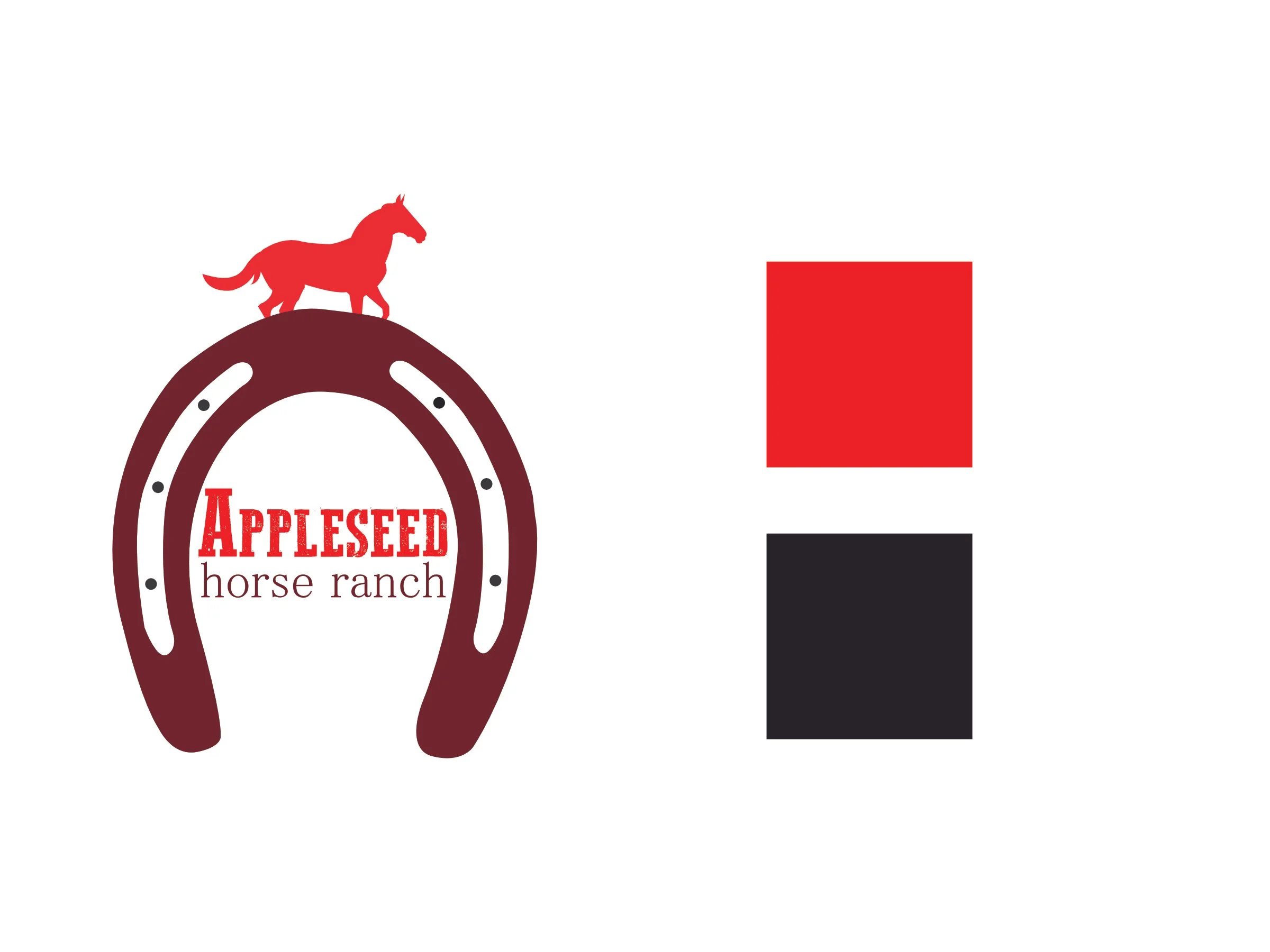A logo for Appleseed Horse Ranch featuring a red horse silhouette on a horseshoe shape with the text 'Appleseed horse ranch' inside.