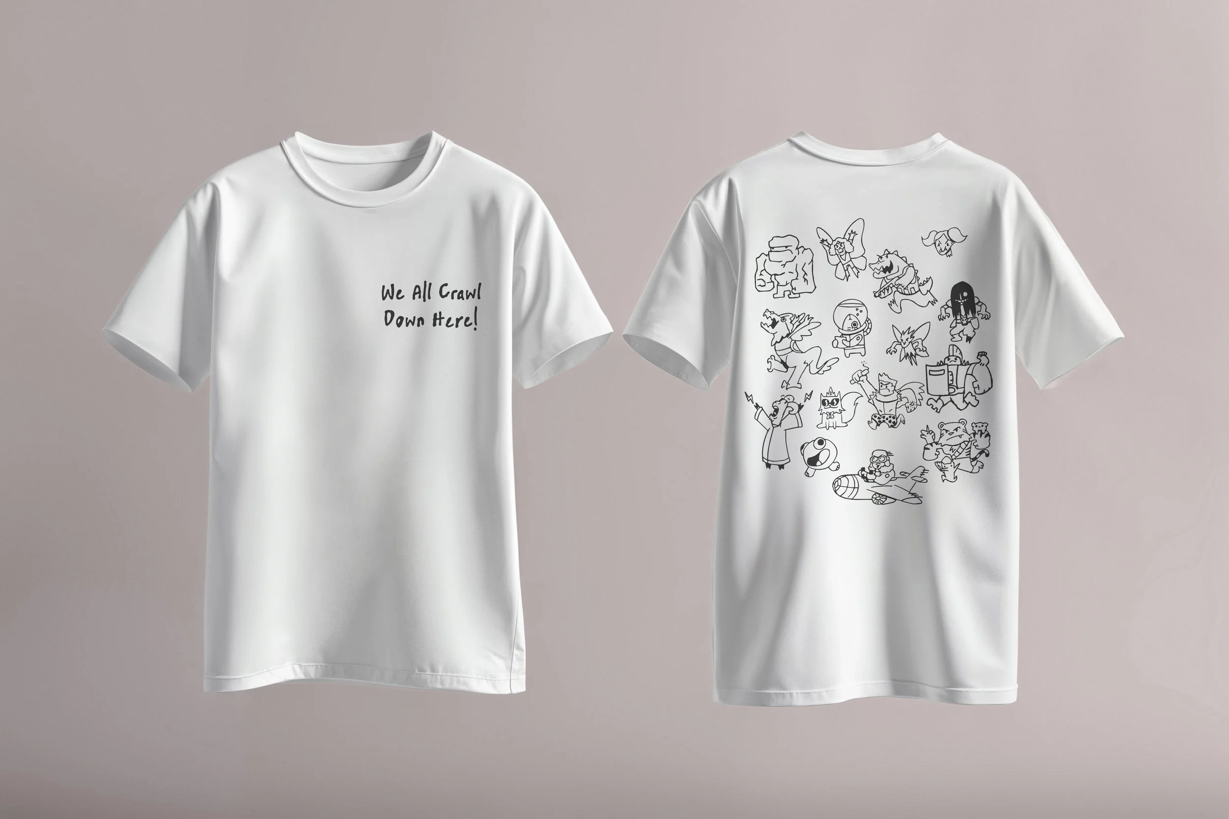 Two white T-shirts hanging against a plain background. The left shirt has text that says 'We All Crawl Down Here!' The right shirt features line drawings of various cartoon characters and objects.