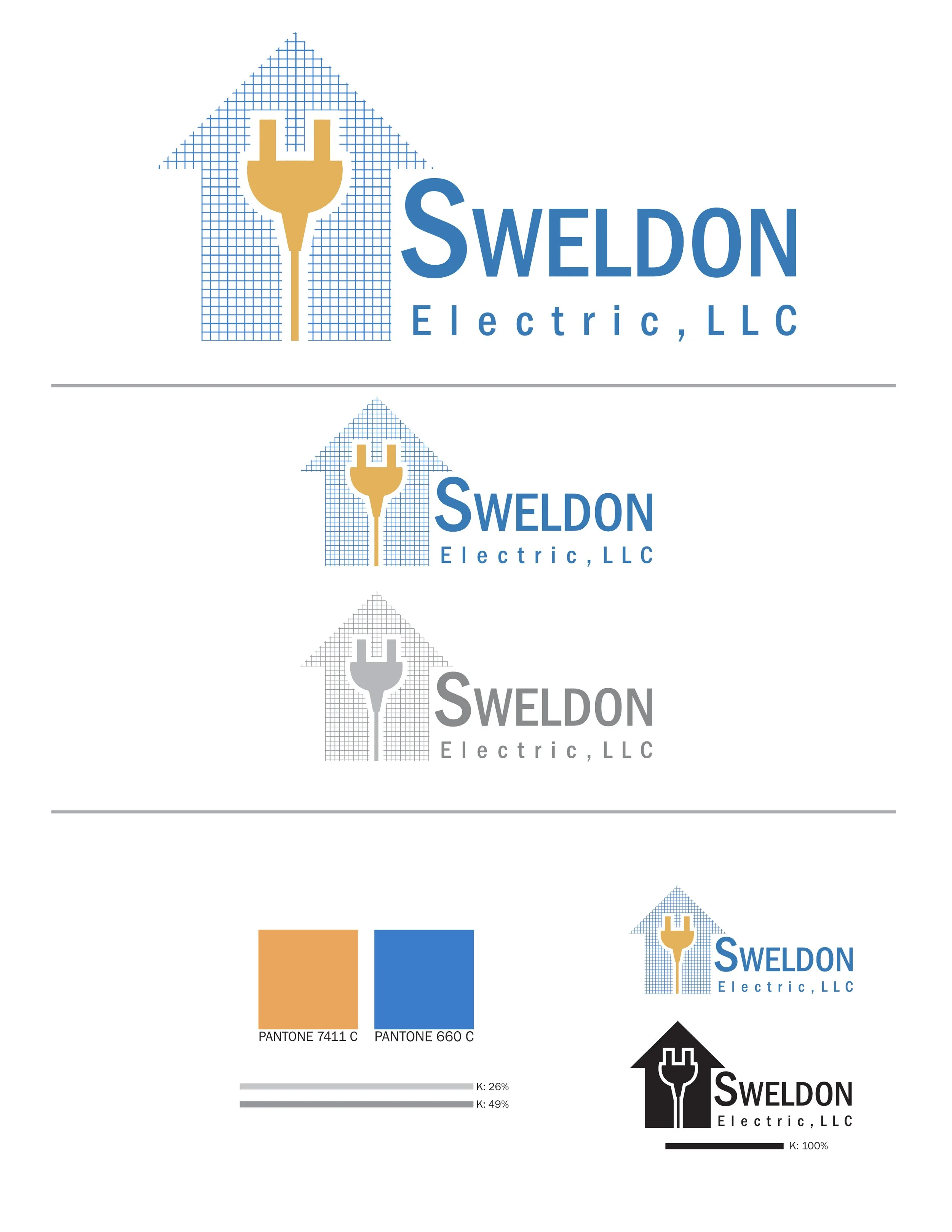A logo for Sweldon Electric, LLC features a house outline made of blue grid lines with a gold electrical plug inside. The company name is displayed in blue and black text with variations in color and size.
