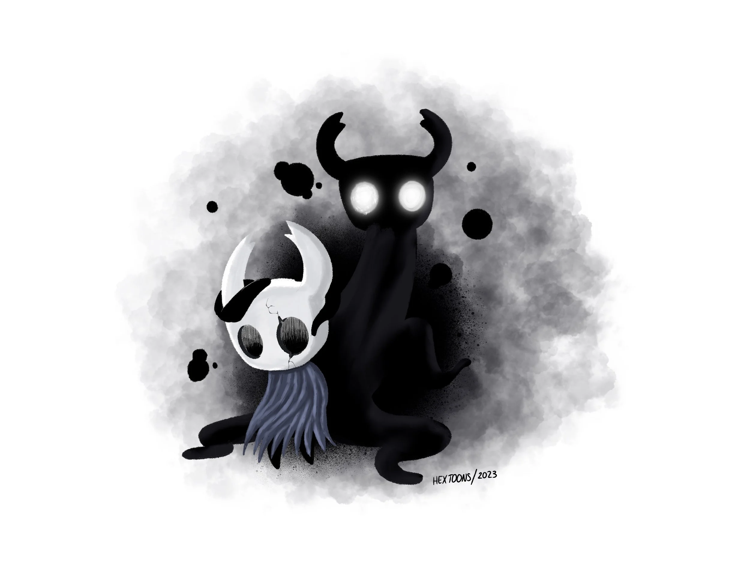A dark, shadowy creature with glowing eyes, horns, and a tail. It is holding a skull with hollow eyes and has wisps of blue flame coming from its leg. The background features smoky, grayish clouds. The artwork is signed "HEXTOONS/2023" in the lower right corner.